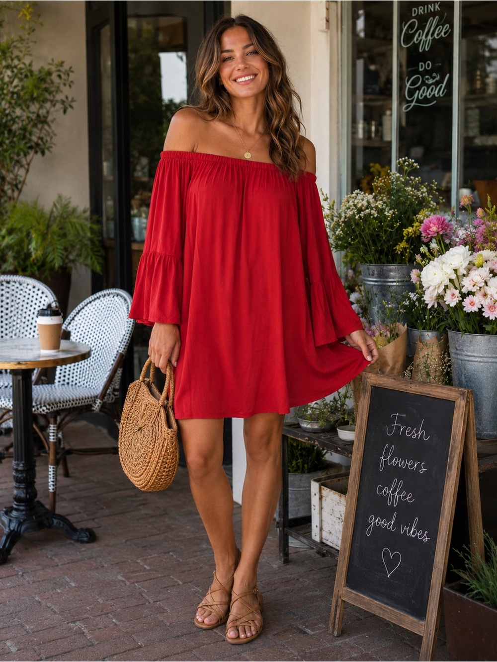 ByTogether Off Shoulder Peasant Dress XL Red Rayon Blend Boho USA Made A26